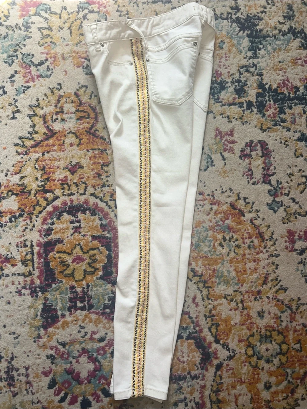 Free People Cream Skinny Jeans with Native American embroidered sides